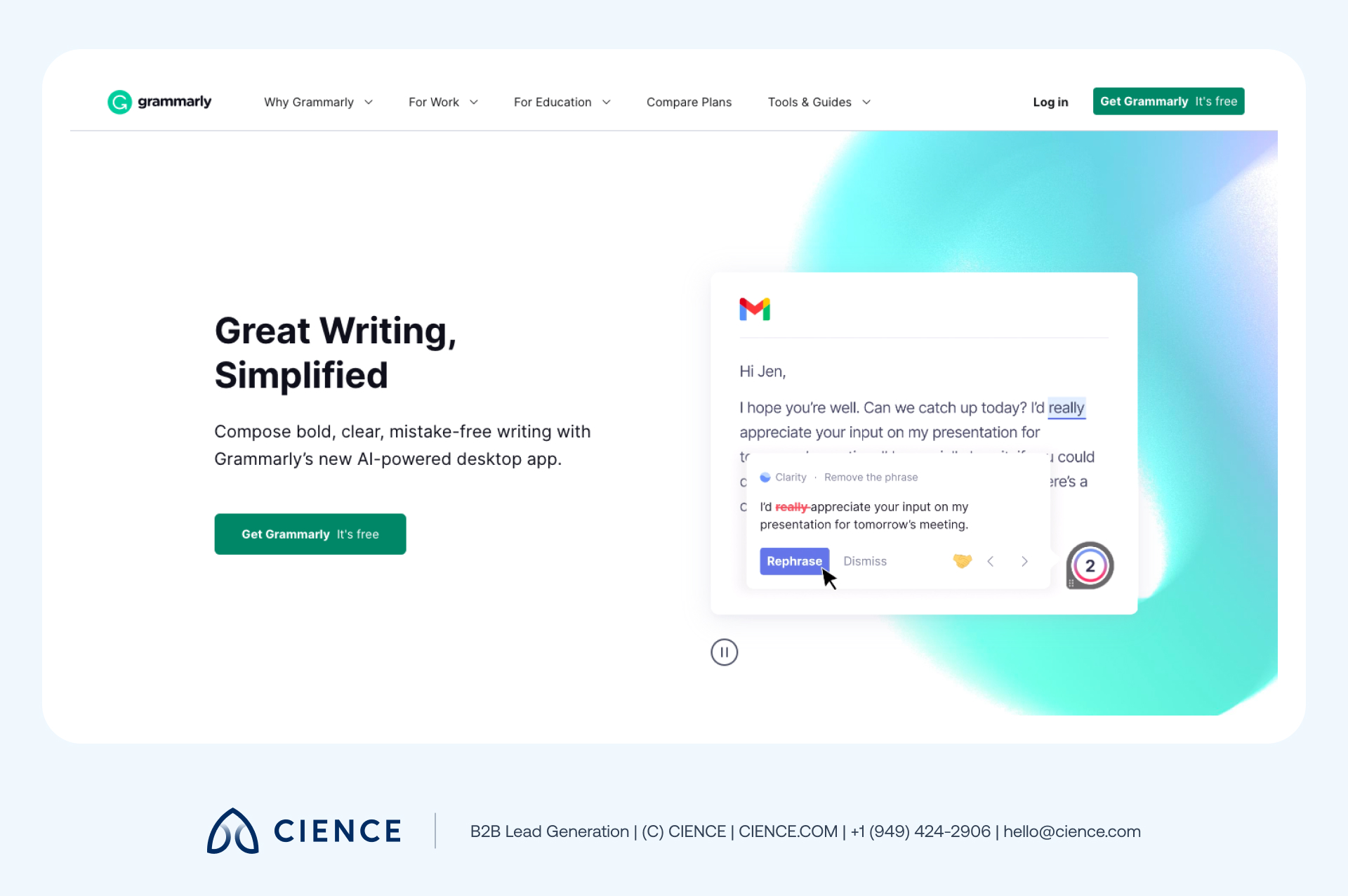 Grammarly’s homepage showing a clear single-sentence value proposition headline, product animation demonstrating writing assistance in real time, and a prominent free trial CTA